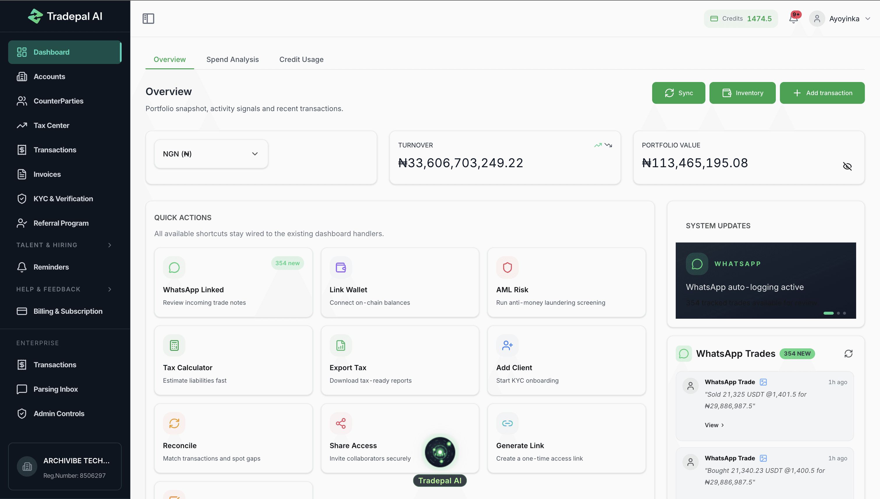Tradepal AI dashboard overview