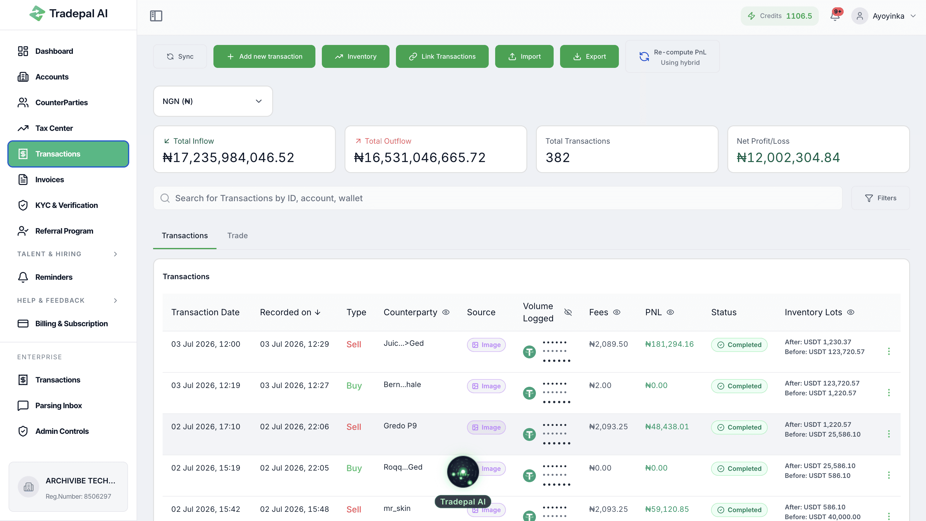 Tradepal AI tax center and due diligence dashboard