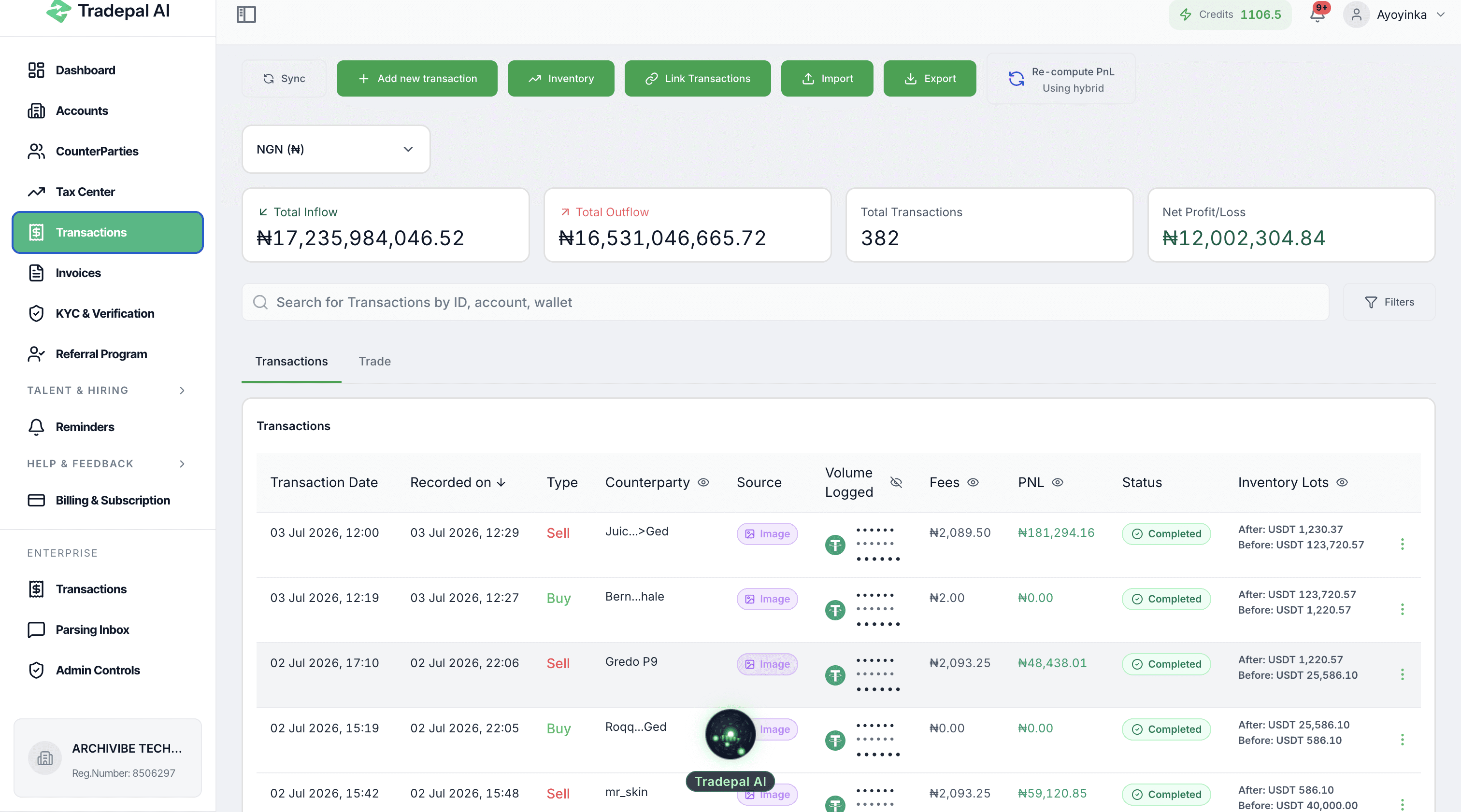 Tradepal AI transaction recording dashboard
