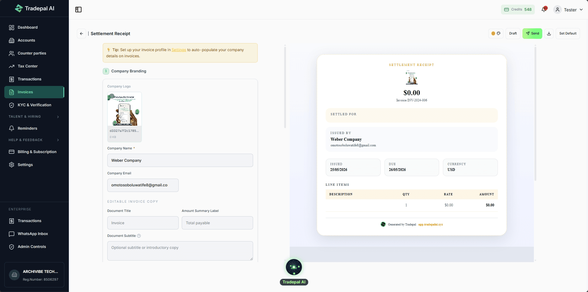 Invoice Generation Workspace